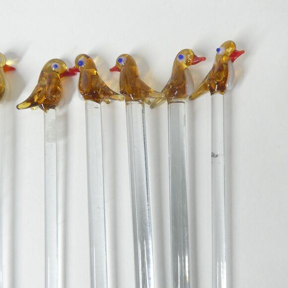 Cocktail Stirrers Brown Birds Hand Blown Glass Set of 8 Vintage Swizzle Sticks - Picture 4 of 7